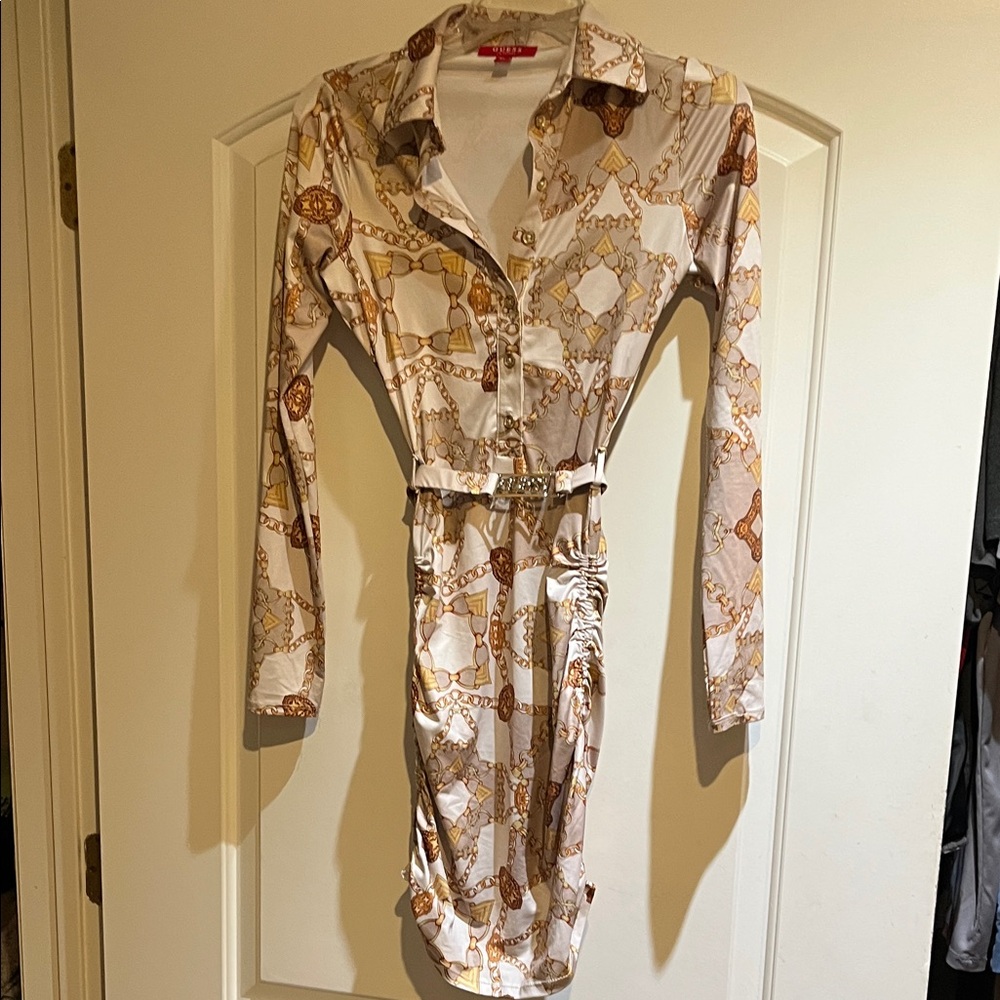 Guess Long Sleeve Chain Print Dress - Cream and Gold